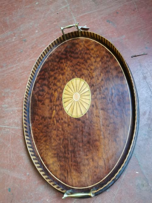 EDWARDIAN PLUM PUDDING MAHOGANY INLAID TRAY - ADDITIONAL PHOTO 1