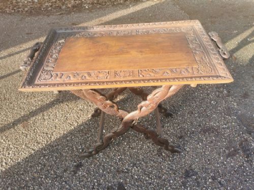 antique finely carved burmese teak tray on stand side table - CATEGORY: ANTIQUE MISCELLANEOUS - DATED 19TH CENTURY