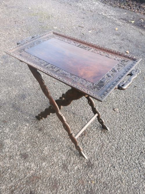 ANTIQUE FINELY CARVED BURMESE TEAK TRAY ON STAND SIDE TABLE - ADDITIONAL PHOTO 1
