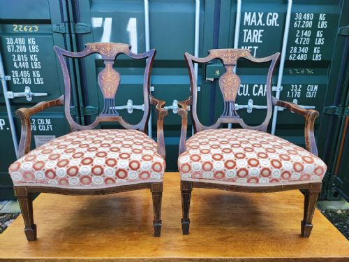 quality pair of inlaid edwardian arm chairs - CATEGORY: ANTIQUE CHAIRS - DATED EDWARDIAN