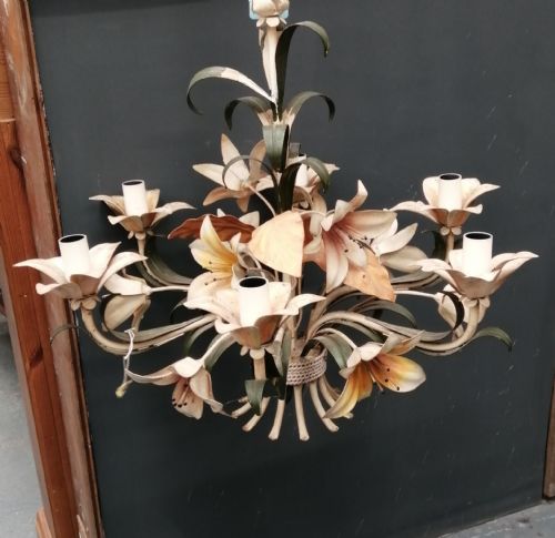 a decorative tole ware chandlerwith original hanging chain and ceiling rose fitting - CATEGORY: ANTIQUE LIGHTING - DATED 1930
