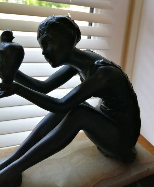 FRENCH ART DECO MARBLE ONYX AND COLD PAINTED SPELTER FIGURE OF GIRL WITH DOVES - ADDITIONAL PHOTO 1