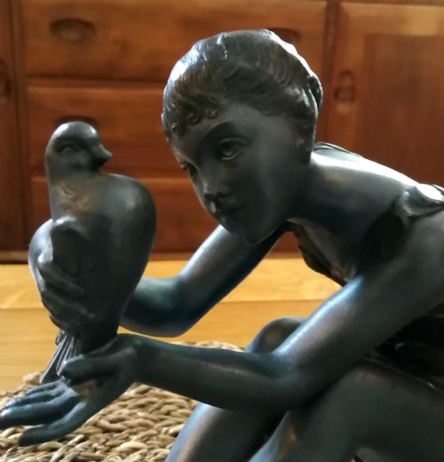 FRENCH ART DECO MARBLE ONYX AND COLD PAINTED SPELTER FIGURE OF GIRL WITH DOVES - ADDITIONAL PHOTO 2