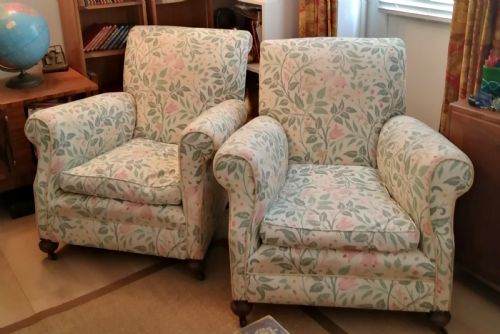 a pair of antique victorian upholstered arm chairs - CATEGORY: ANTIQUE CHAIRS - DATED VICTORIAN