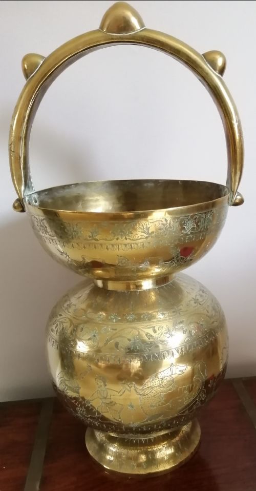 antique indian finely engraved holy water carrier - CATEGORY: ANTIQUE METAL - DATED 1870