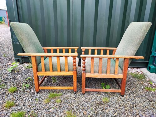a pair of art's and crafts light oak upholstered armchairs - CATEGORY: ANTIQUE CHAIRS - DATED 1920