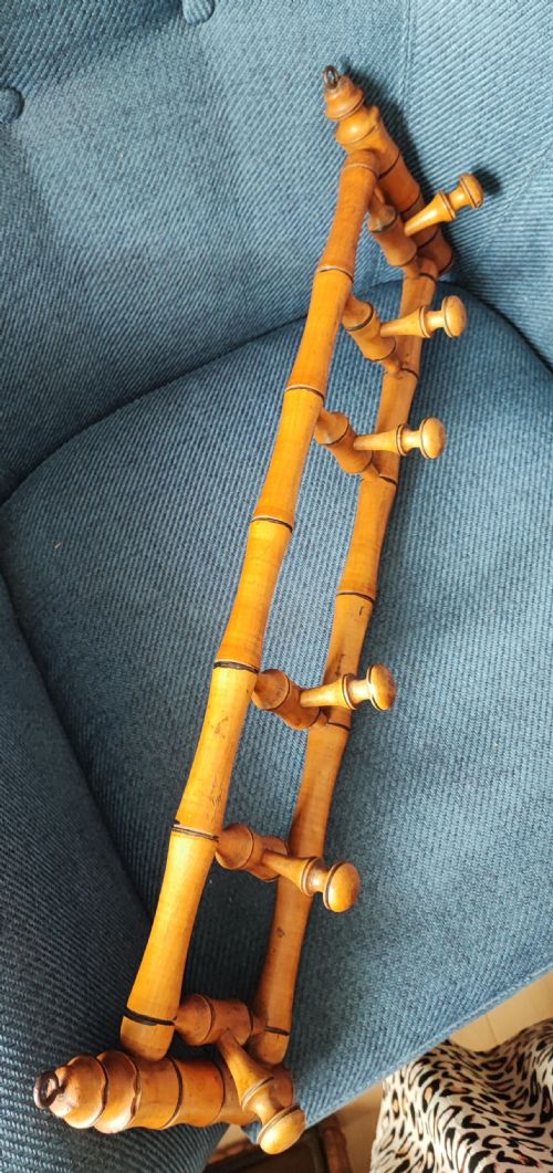 ANTIQUE FRENCH FAUX BAMBOO FRUITWOOD WALL HANGING COAT HAT RACK - ADDITIONAL PHOTO 5