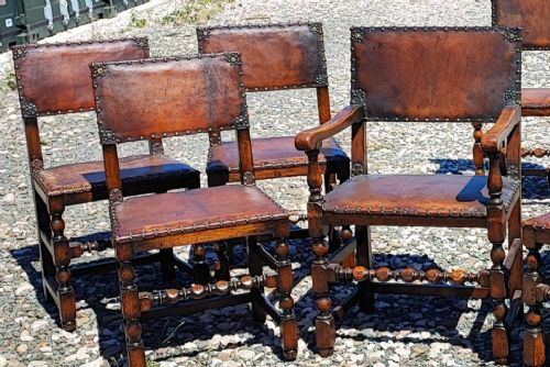 ANTIQUE SET OF 8 OAK UPHOLSTERED LEATHER CHAIRS IN THE CROMWELLIAN STYLE - ADDITIONAL PHOTO 12