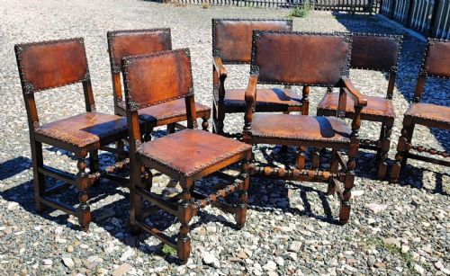 ANTIQUE SET OF 8 OAK UPHOLSTERED LEATHER CHAIRS IN THE CROMWELLIAN STYLE - ADDITIONAL PHOTO 13