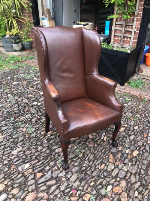antique leather ball and claw wing chair - CATEGORY: ANTIQUE CHAIRS - DATED 1890