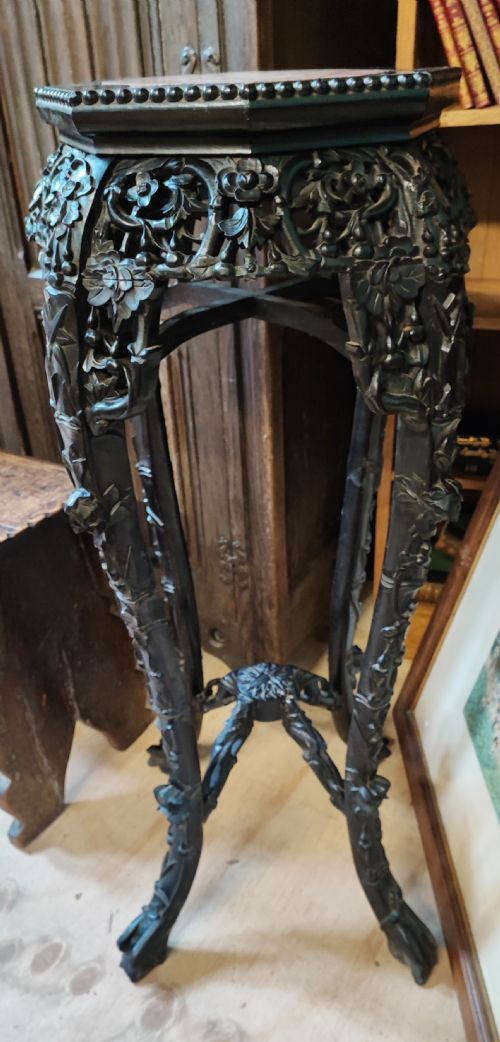 a 19c tall qing dynasty hardwood stand with rouge marble insert - CATEGORY: ANTIQUE MISCELLANEOUS - DATED 1890