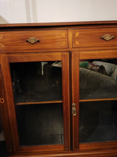 ANTIQUE INLAID 2 DOOR GLAZED BOOKCASE - ADDITIONAL PHOTO 1