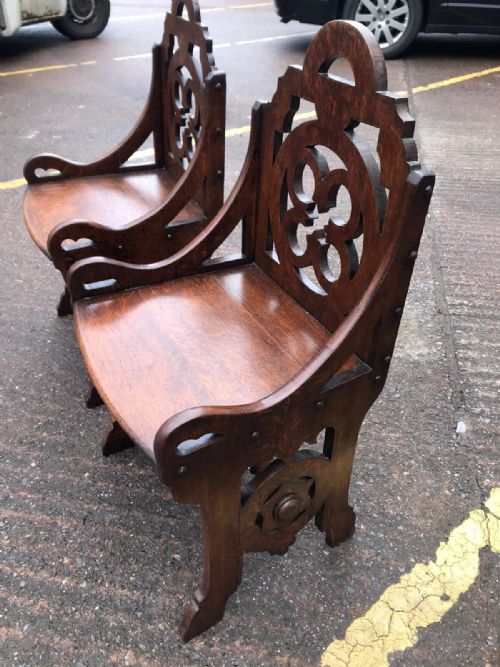19C PAIR OF REFORM GOTHIC HALL SEATS CHAIRS - ADDITIONAL PHOTO 1