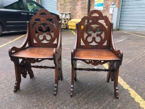 19C PAIR OF REFORM GOTHIC HALL SEATS CHAIRS - ADDITIONAL PHOTO 3