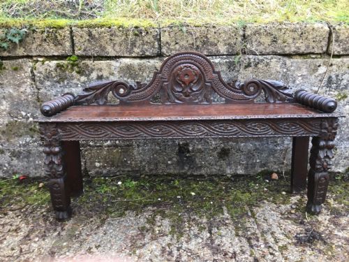 19c carved oak hall bench seat - CATEGORY: ANTIQUE FURNITURE - DATED 1860