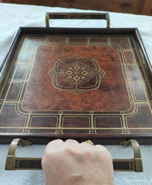 A FINE ART NOUVEAU BRASS INLAID TRAY BY ERHARD SOHNE GERMANY - ADDITIONAL PHOTO 11