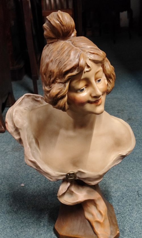 AN ANTIQUE FRENCH PAINTED TERRACOTTA BUST WITH GLASS EYES - ADDITIONAL PHOTO 9