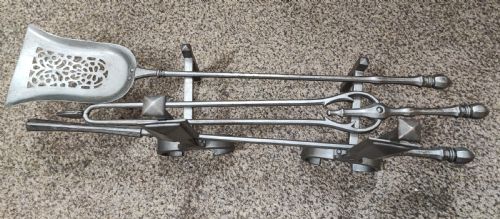 a fine set of art's and crafts polished steel fire irons plus fire dogs - CATEGORY: ANTIQUE METAL - DATED 19TH CENTURY