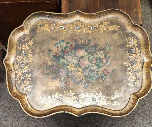 a large regency gold lacquer and mother of pearl inlaid paper mache tray - CATEGORY: ANTIQUE MISCELLANEOUS - DATED REGENCY