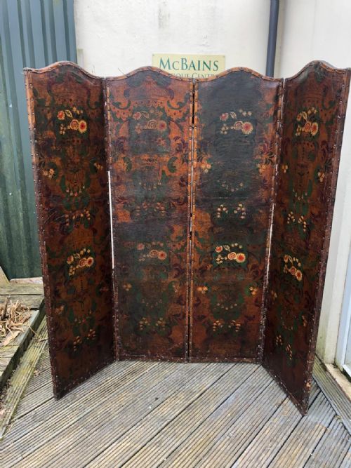 an antique 4 fold leather screen - CATEGORY: ANTIQUE MISCELLANEOUS - DATED 19TH CENTURY