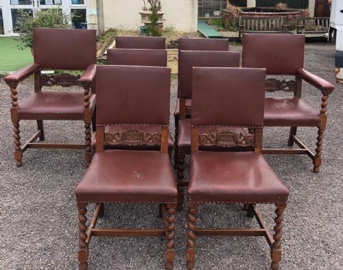 an antique set of 8 oak and leather chairs in oak and leather - CATEGORY: ANTIQUE CHAIRS - DATED VICTORIAN