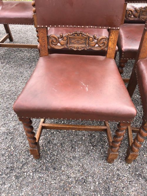 AN ANTIQUE SET OF 8 OAK AND LEATHER CHAIRS IN OAK AND LEATHER - ADDITIONAL PHOTO 6
