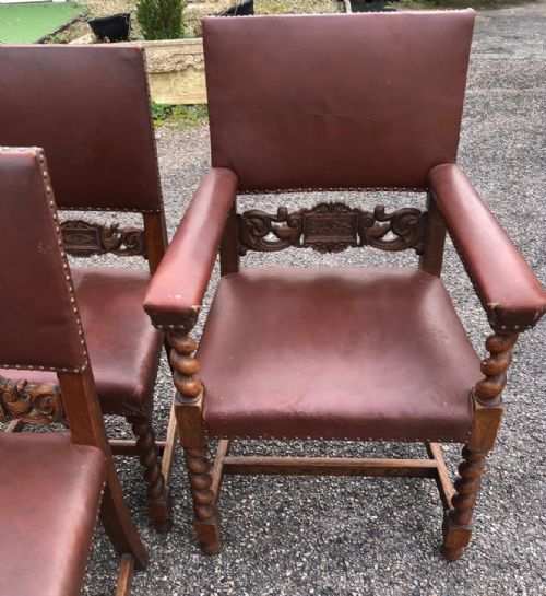 AN ANTIQUE SET OF 8 OAK AND LEATHER CHAIRS IN OAK AND LEATHER - ADDITIONAL PHOTO 7