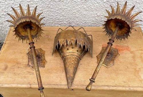antique set of 3 toleware gilded torch wall lights - CATEGORY: ANTIQUE LIGHTING - DATED 1920