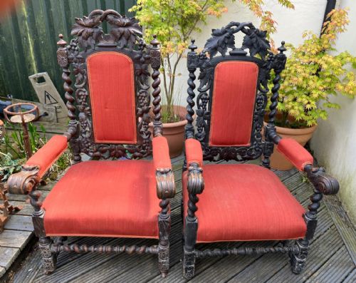 antique matched pair of carved oak throne armchairs - CATEGORY: ANTIQUE CHAIRS - DATED VICTORIAN