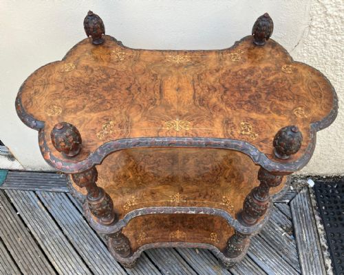 a fine and rare victorian irish shamrock carved burr walnut whatnot - CATEGORY: ANTIQUE FURNITURE - DATED VICTORIAN