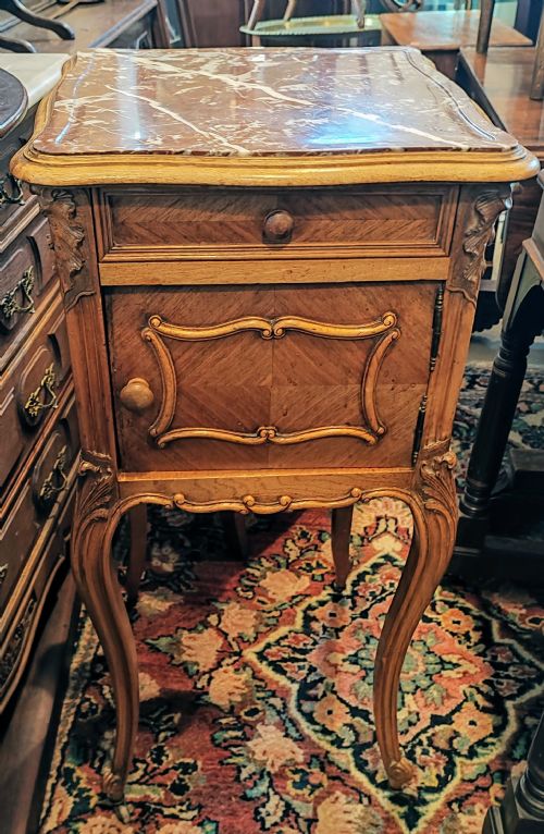 ANTIQUE FRENCH WALNUT BEDSIDE CABINET WITH MARBLE TOP - ADDITIONAL PHOTO 3