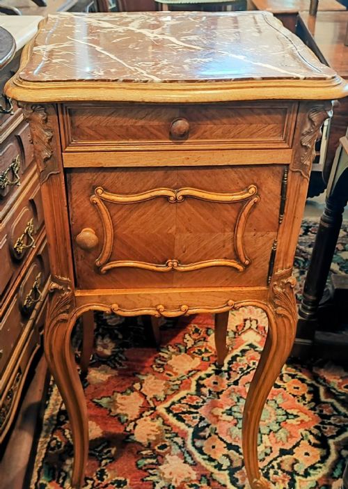 ANTIQUE FRENCH WALNUT BEDSIDE CABINET WITH MARBLE TOP - ADDITIONAL PHOTO 6