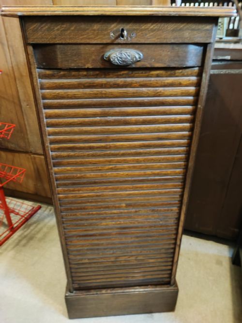 edwardian oak tambour front file cabinet - CATEGORY: ANTIQUE CABINETS - DATED EDWARDIAN