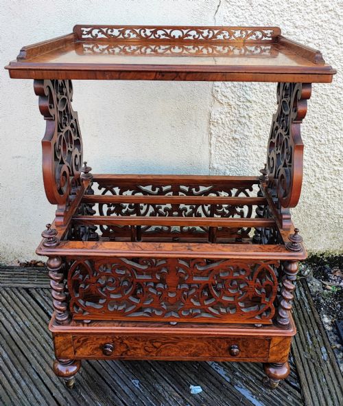 A SUPERB VICTORIAN CANTERBURY WHATNOT IN BURR WALNUT - ADDITIONAL PHOTO 2