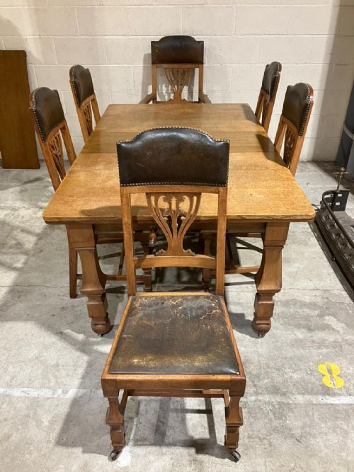 ANTIQUE GOLDEN OAK ART'S AND CRAFTS EXTENDING DINING TABLE AND 6 CHAIRS - ADDITIONAL PHOTO 10