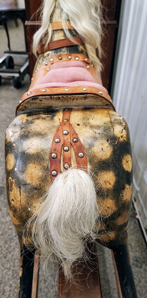 AN LARGE ANTIQUE DAPPLED CARVED AND PAINTED ROCKING HORSE - ADDITIONAL PHOTO 2