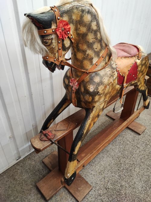 AN LARGE ANTIQUE DAPPLED CARVED AND PAINTED ROCKING HORSE - ADDITIONAL PHOTO 10