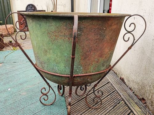 antique cast iron cauldron garden pot on wrought iron stand - CATEGORY: ANTIQUE METAL - DATED 19TH CENTURY