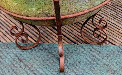 ANTIQUE CAST IRON CAULDRON GARDEN POT ON WROUGHT IRON STAND - ADDITIONAL PHOTO 1