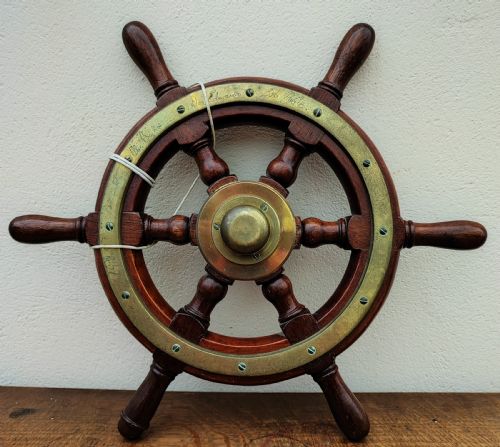 ANTIQUE TEAK AND BRASS SMALL SHIPS WHEEL - ADDITIONAL PHOTO 3