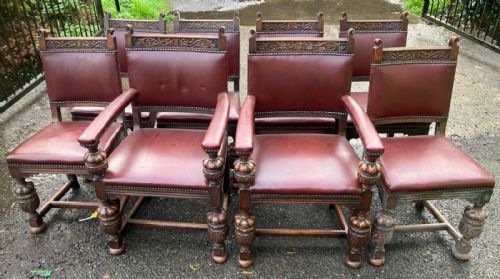 SUPERB SET OF 8 ANTIQUE LEATHER AND OAK DINING CHAIRS - ADDITIONAL PHOTO 1