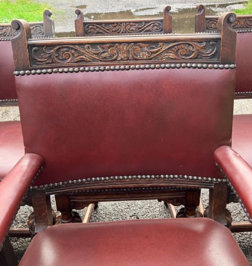 SUPERB SET OF 8 ANTIQUE LEATHER AND OAK DINING CHAIRS - ADDITIONAL PHOTO 2