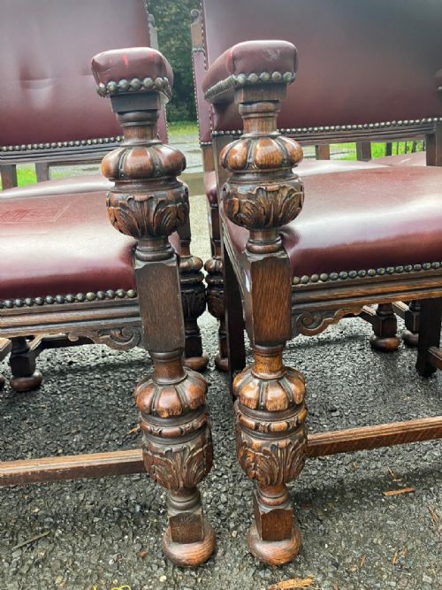 SUPERB SET OF 8 ANTIQUE LEATHER AND OAK DINING CHAIRS - ADDITIONAL PHOTO 5