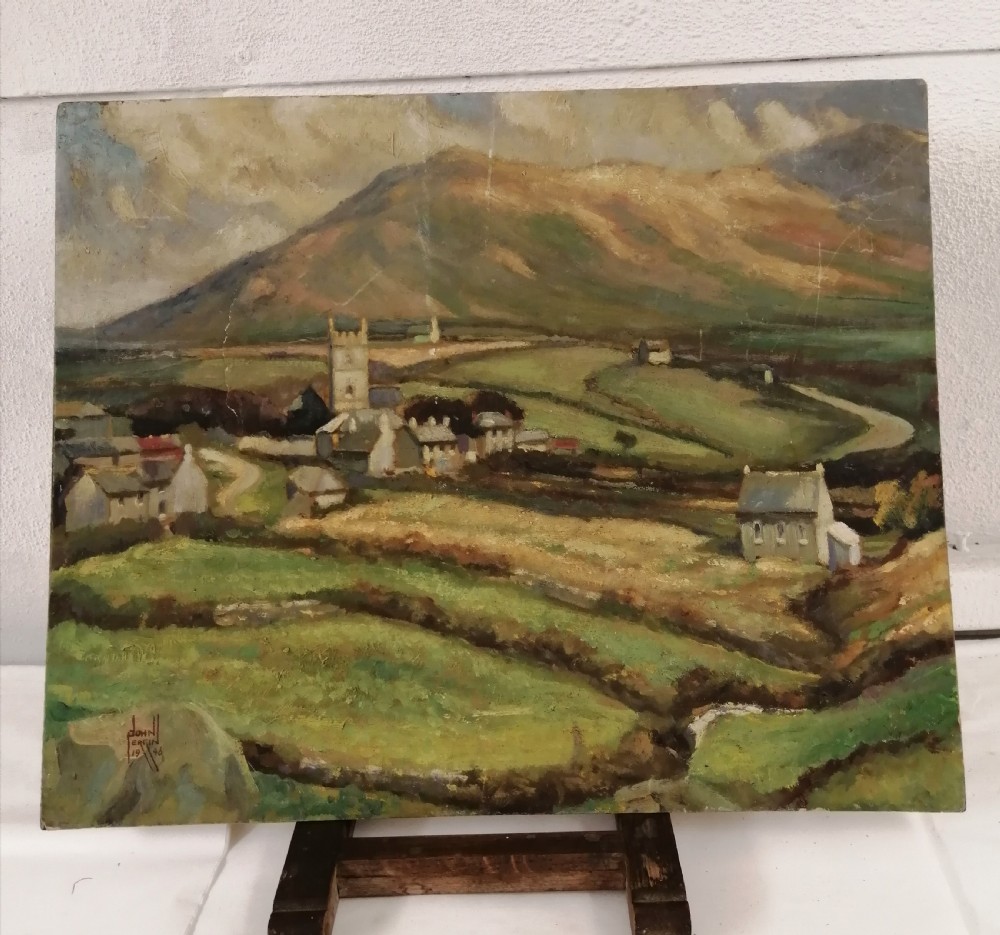 Really lovely pastoral church scene, oil painting.