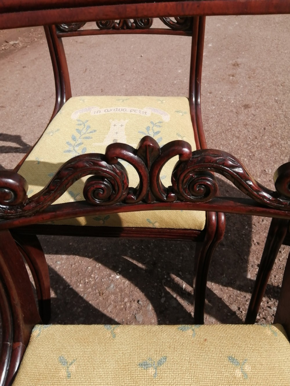 4 Regency chairs with fine needlework heraldic seats. View VIII