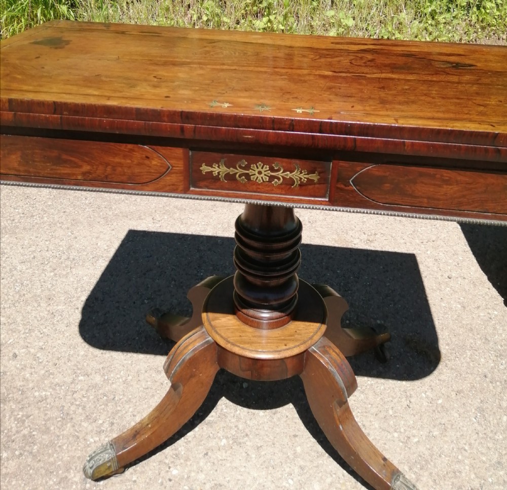 Regency rosewood and brass inlaid card table. View IX