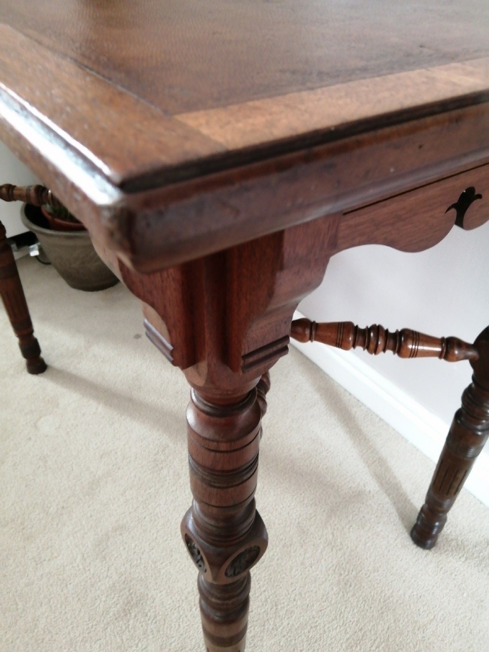 Victorian walnut arts and crafts writing table, by Gillow and Co. View VII