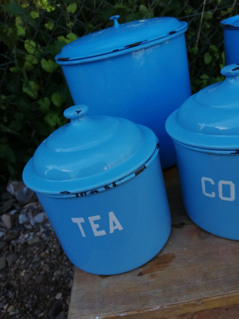 Antique 8 piece enamel kitchen set. View II