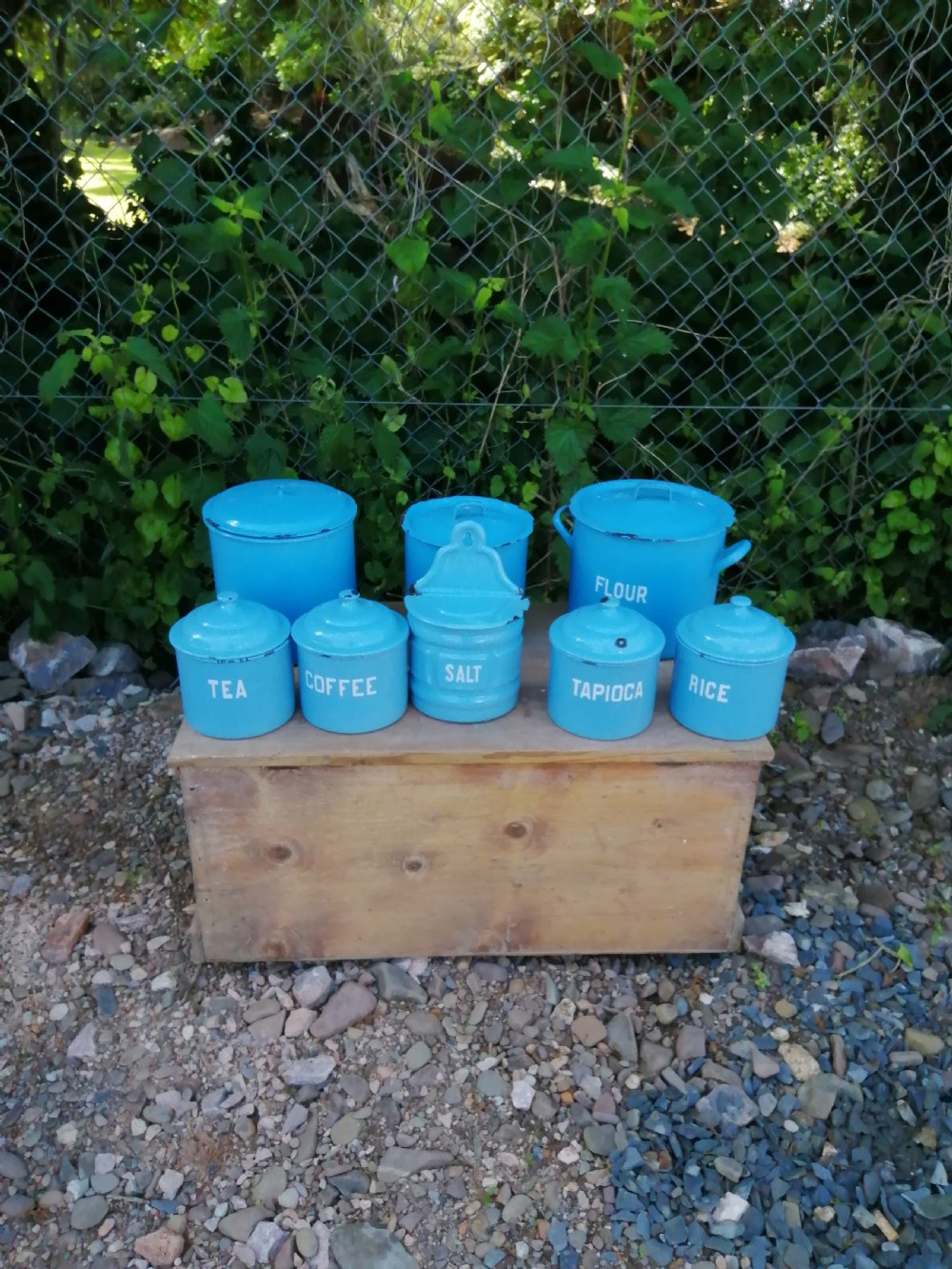 Antique 8 piece enamel kitchen set. View VII