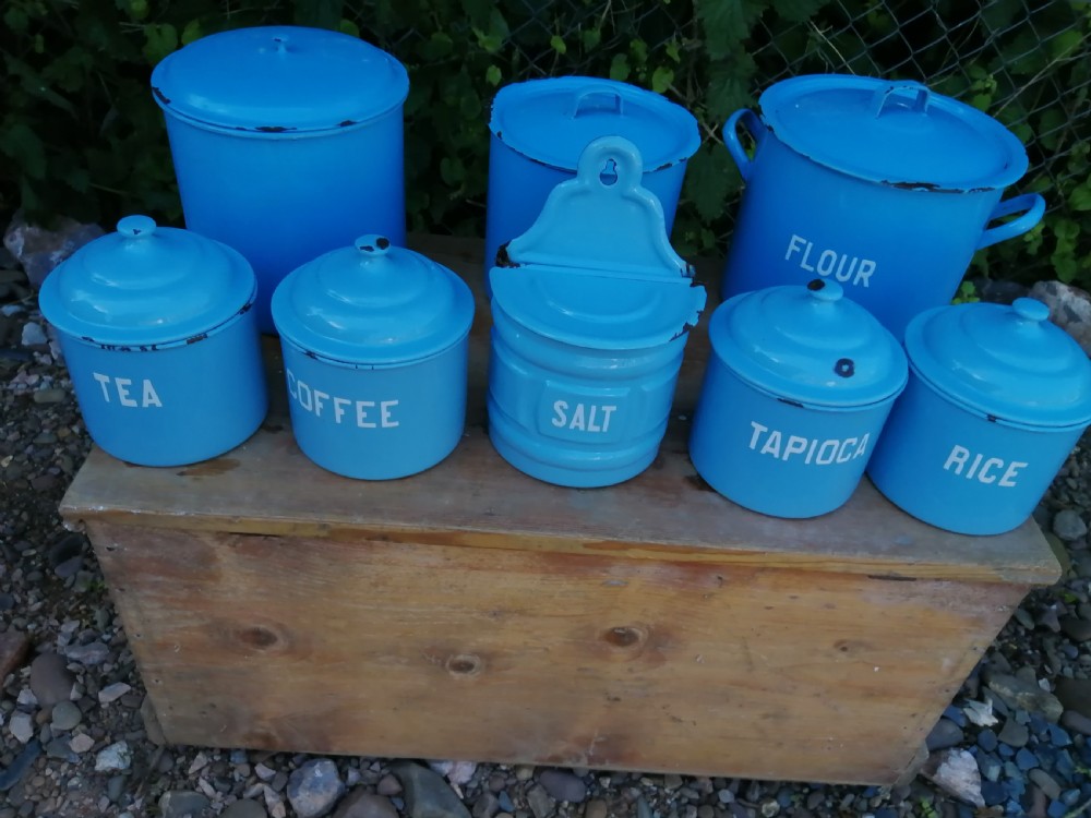 Antique 8 piece enamel kitchen set. View XI